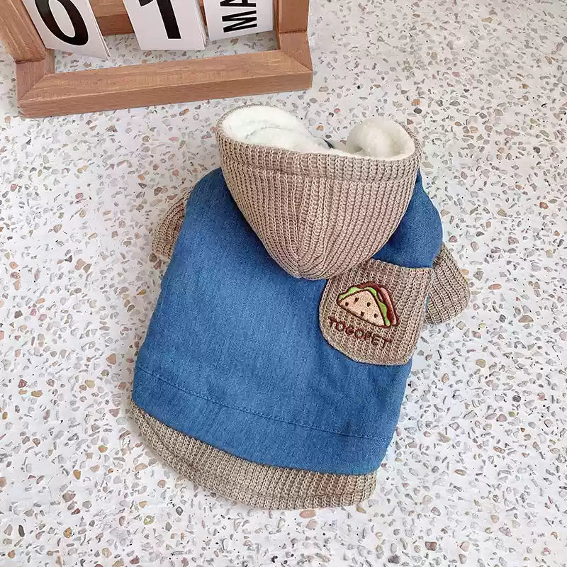 Denim Knitted Pocket Hooded Dog Cat Jacket