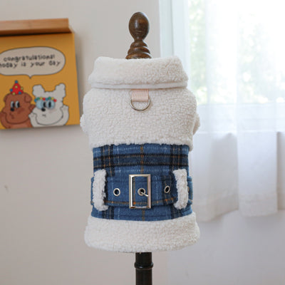 Plaid Pattern Belt Fleece Warm Dog Harness Jacket