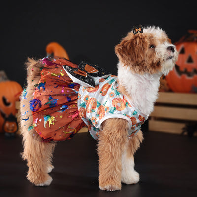 Halloween Pumpkin Bow Dog Cat Lace Dress