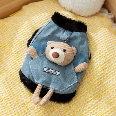 Denim Bear Decor Fleece Dog Harness Jacket