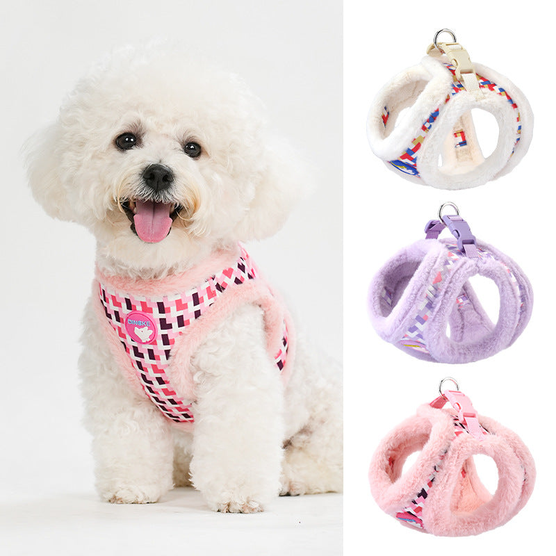 Reflective Plaid Pattern Furry Dog Harness&Leash