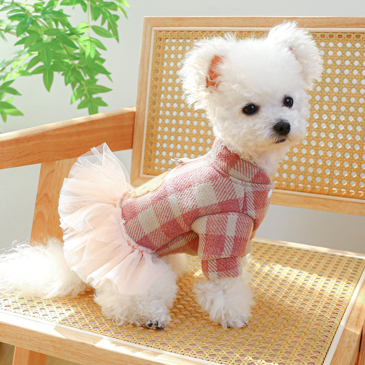 Pink Bear Printed Plaid Dog Dress/Hoodie