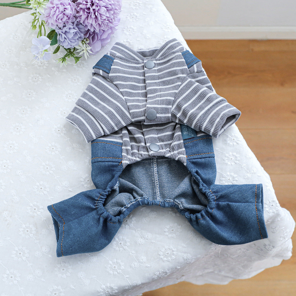 Striped Heart Pattern Denim Dog Jumpsuits