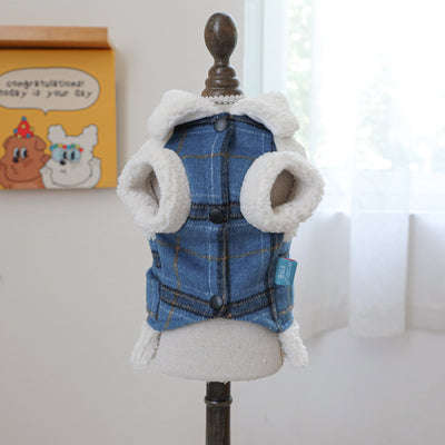 Plaid Pattern Belt Fleece Warm Dog Harness Jacket