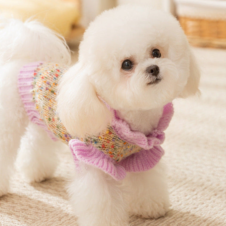 Purple Knitted Flower Ruffled Sleeves Dog Cat Sweater