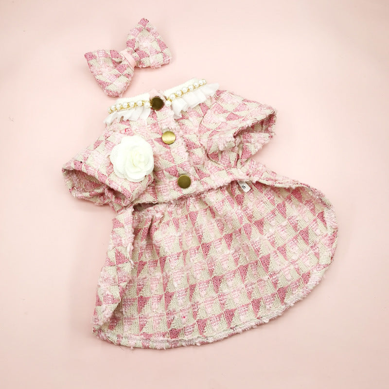 Plaid Pearl Bow Dog Cat Dress&Collar Set