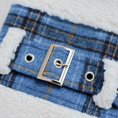 Plaid Pattern Belt Fleece Warm Dog Harness Jacket