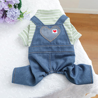 Striped Heart Pattern Denim Dog Jumpsuits