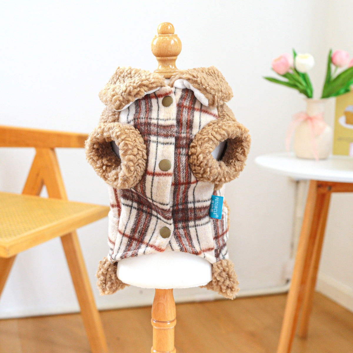 Plaid Pattern Belt Fleece Warm Dog Harness Jacket