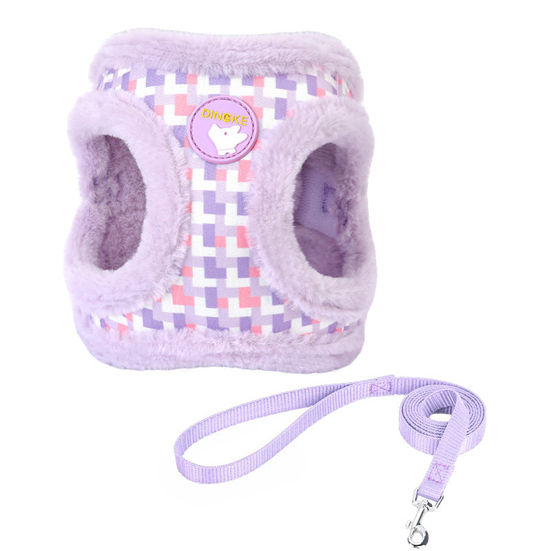 Reflective Plaid Pattern Furry Dog Harness&Leash