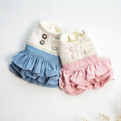 Fleece Denim Pearl Layered Dog Cat Dress