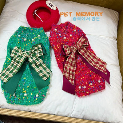 Plaid Bowknot Beading Dog Cat Sweater