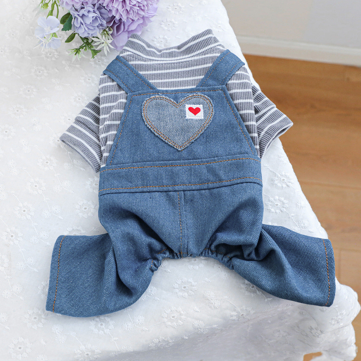 Striped Heart Pattern Denim Dog Jumpsuits