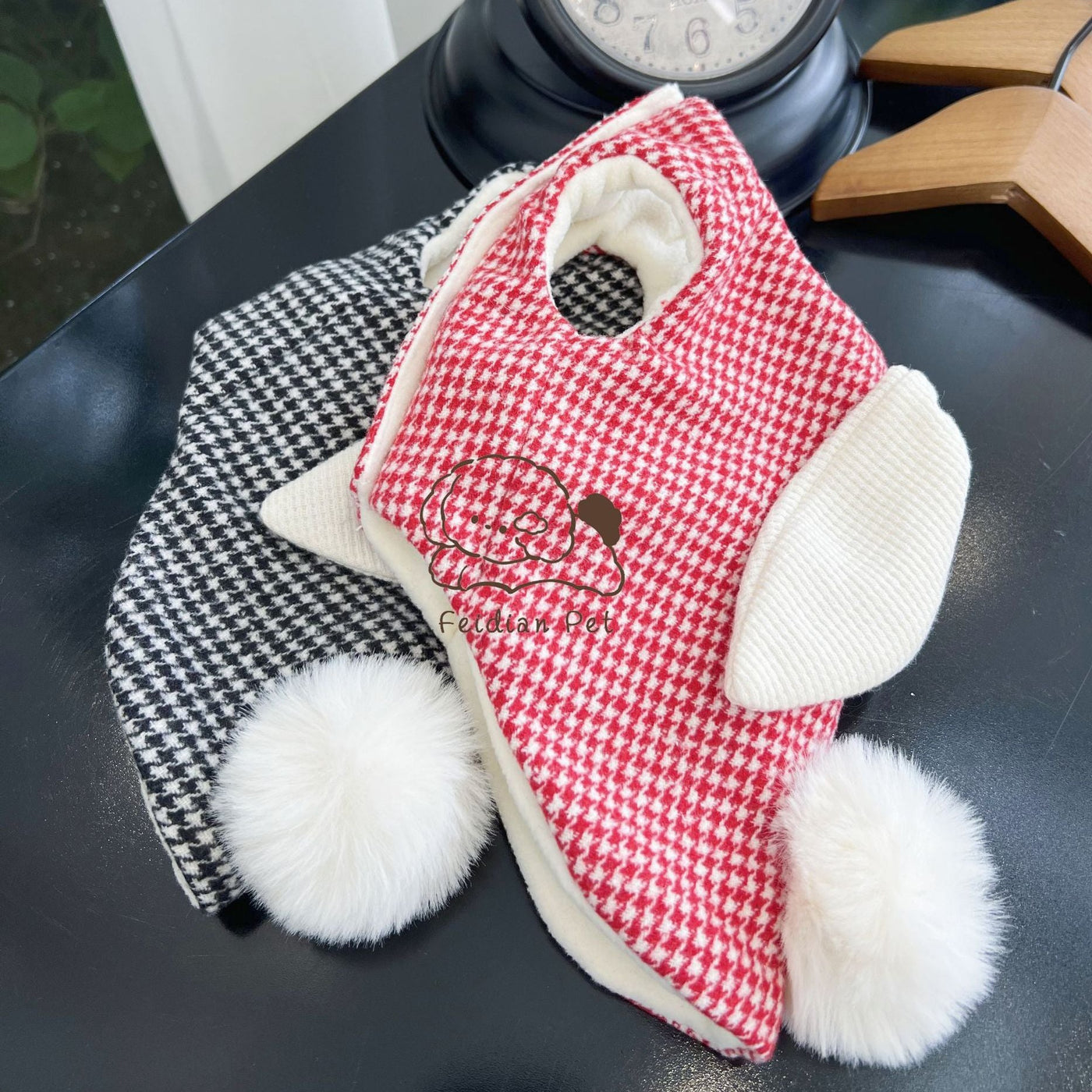 Houndstooth Ear Decor Fleece Dog Harness Jacket