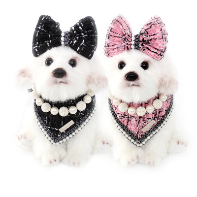 Sweet Plaid Pearl Dog Bib&Bow Set