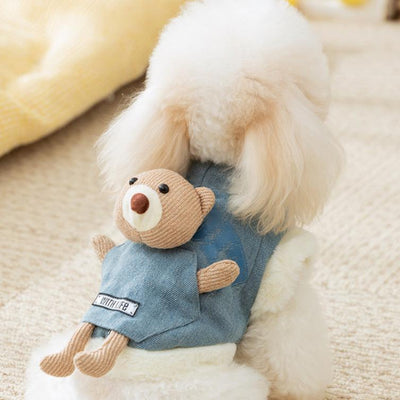 Denim Bear Decor Fleece Dog Harness Jacket