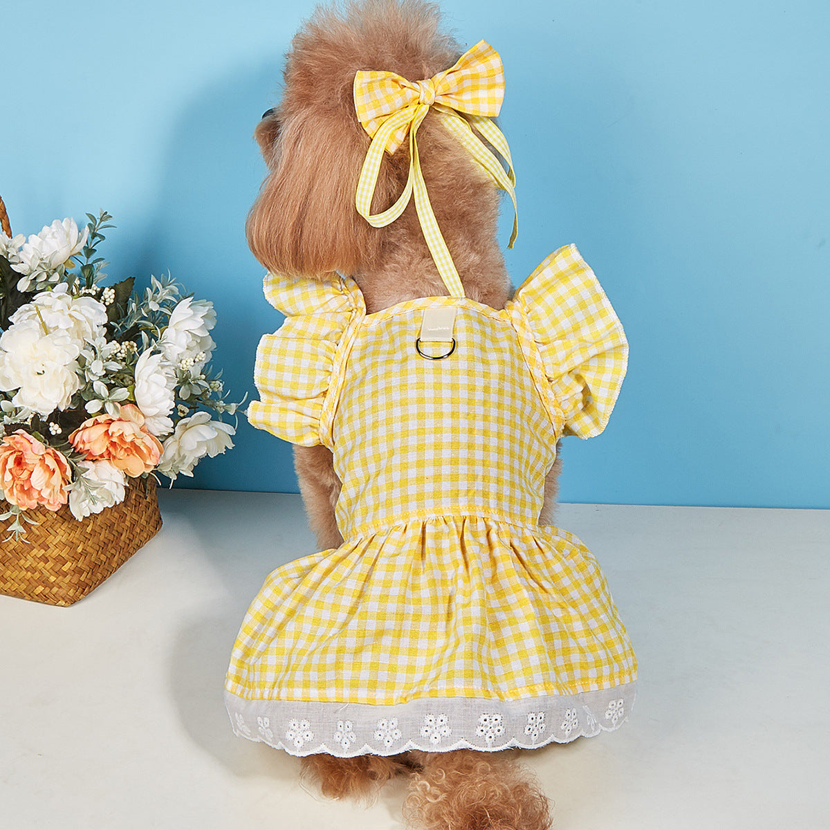 Plaid Printed Dog Cat Dress with Bow