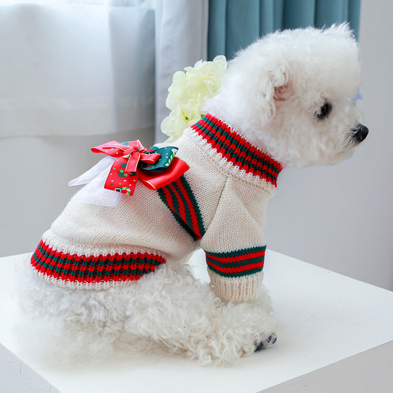 Christmas Striped Bow Dog Cat Sweater