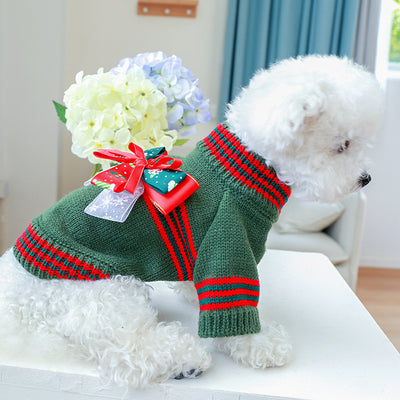 Christmas Striped Bow Dog Cat Sweater