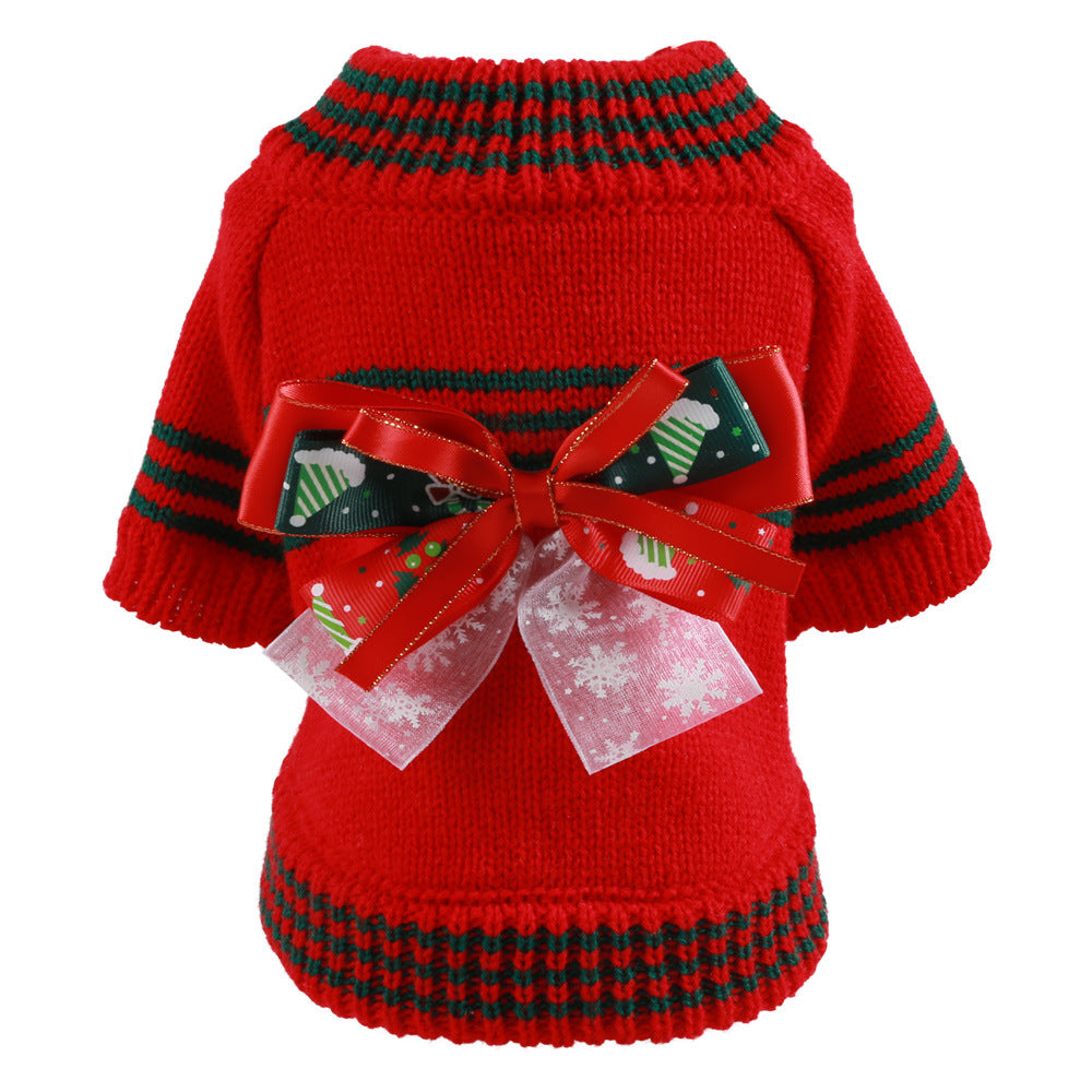 Christmas Striped Bow Dog Cat Sweater