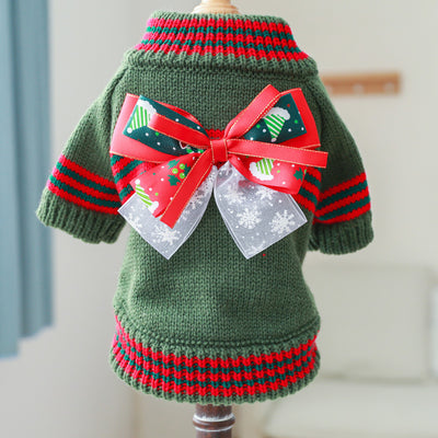 Christmas Striped Bow Dog Cat Sweater