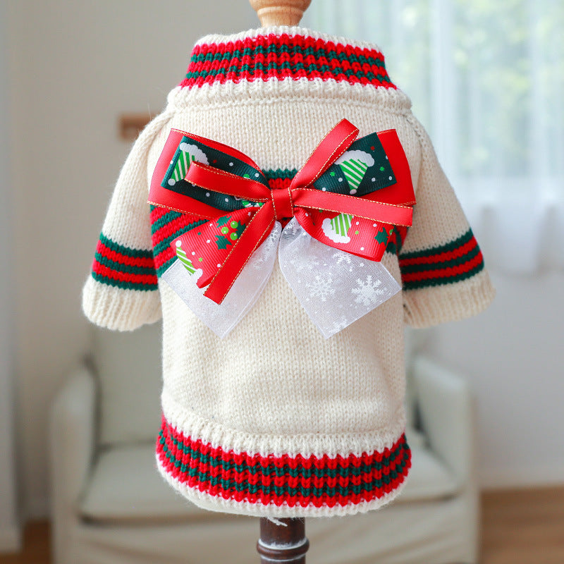 Christmas Striped Bow Dog Cat Sweater