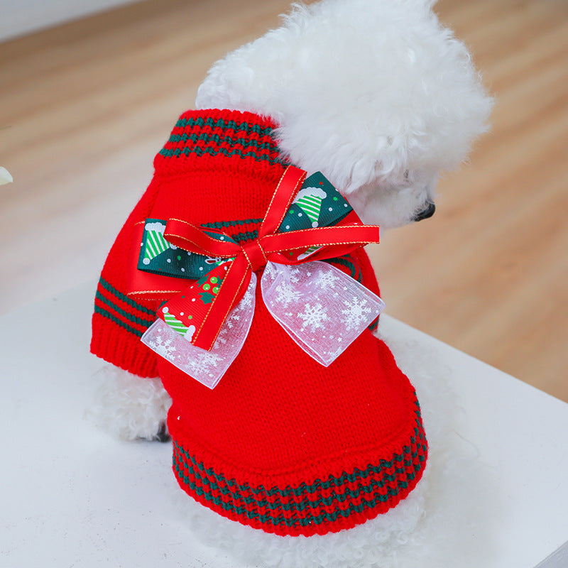 Christmas Striped Bow Dog Cat Sweater