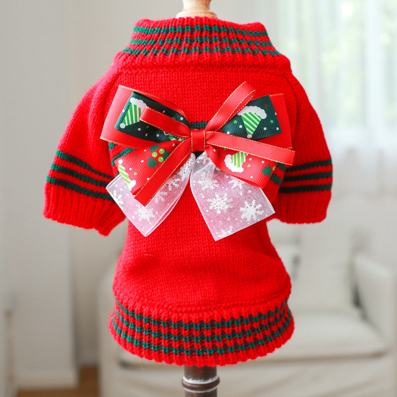 Christmas Striped Bow Dog Cat Sweater