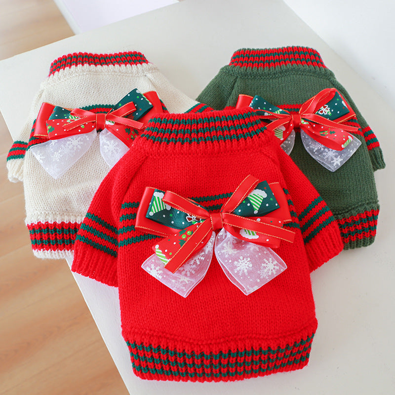 Christmas Striped Bow Dog Cat Sweater