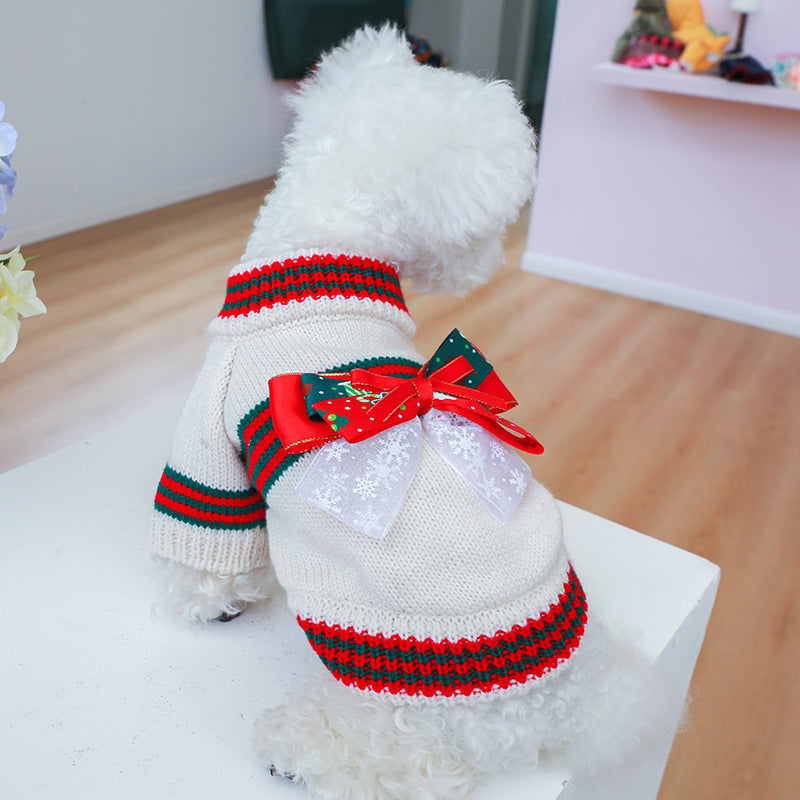 Christmas Striped Bow Dog Cat Sweater