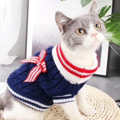 Striped Bowknot Knited Cat Dog Sweater