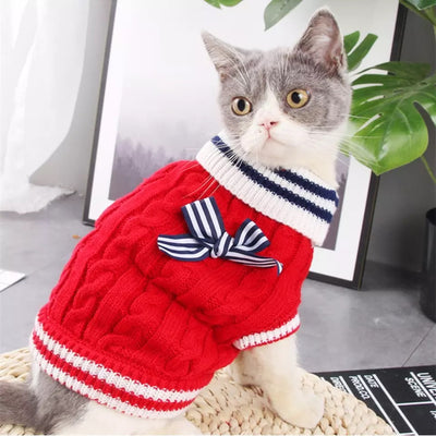 Striped Bowknot Knited Cat Dog Sweater