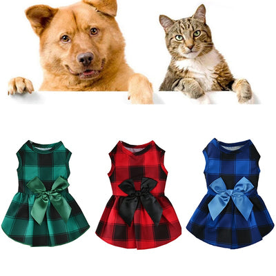 Plaid Print Bow Dog Cat Dresses