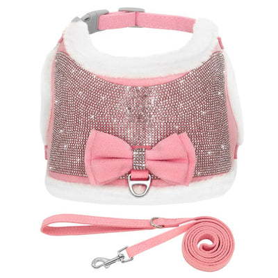 Rhinestone Furry Dog Harness Leash Set